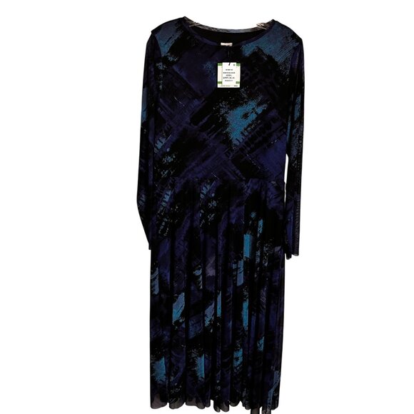 Anne Klein Large Long-Sleeve Lined Dress Abstract Print Blue Black Polyester - Picture 5 of 12